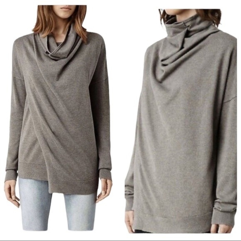 AllSaints Verney Jumper Silk Cotton Blend Cowl Neck Sweater Gray Small